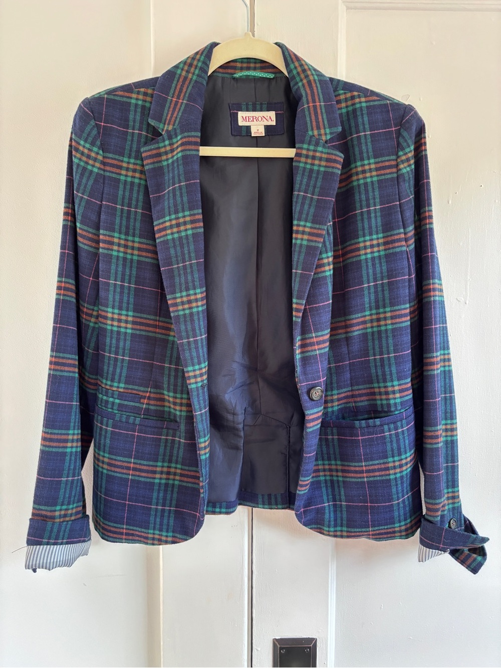 Merona Navy Plaid Blazer with Green and Burgundy Accents